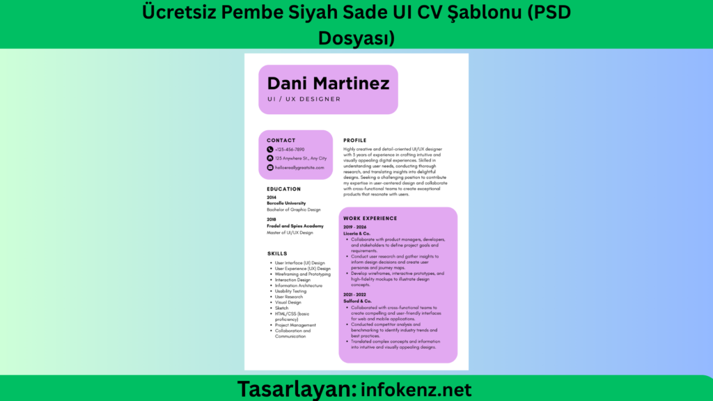 Ücretsiz Pembe Siyah Sade UI CV Şablonu (PSD Dosyası)