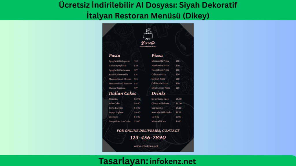 Ücretsiz İndirilebilir AI Dosyası: Siyah Dekoratif İtalyan Restoran Menüsü (Dikey)