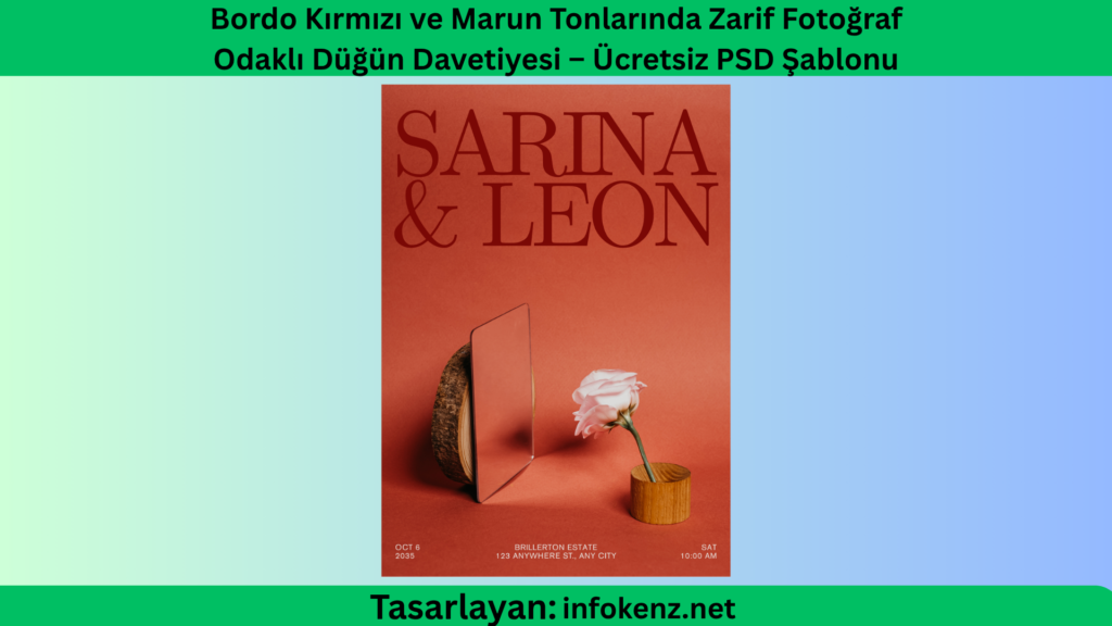 Bordo Kırmızı ve Marun Tonlarında Zarif Fotoğraf Odaklı Düğün Davetiyesi – Ücretsiz PSD Şablonu