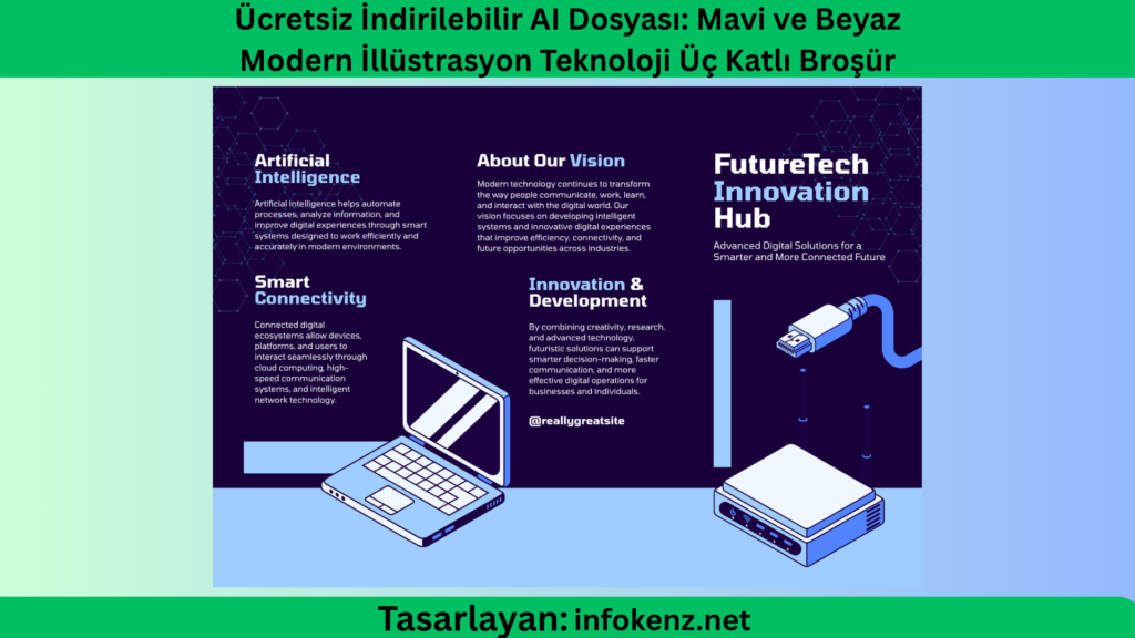 Ücretsiz İndirilebilir AI Dosyası: Mavi ve Beyaz Modern İllüstrasyon Teknoloji Üç Katlı Broşür