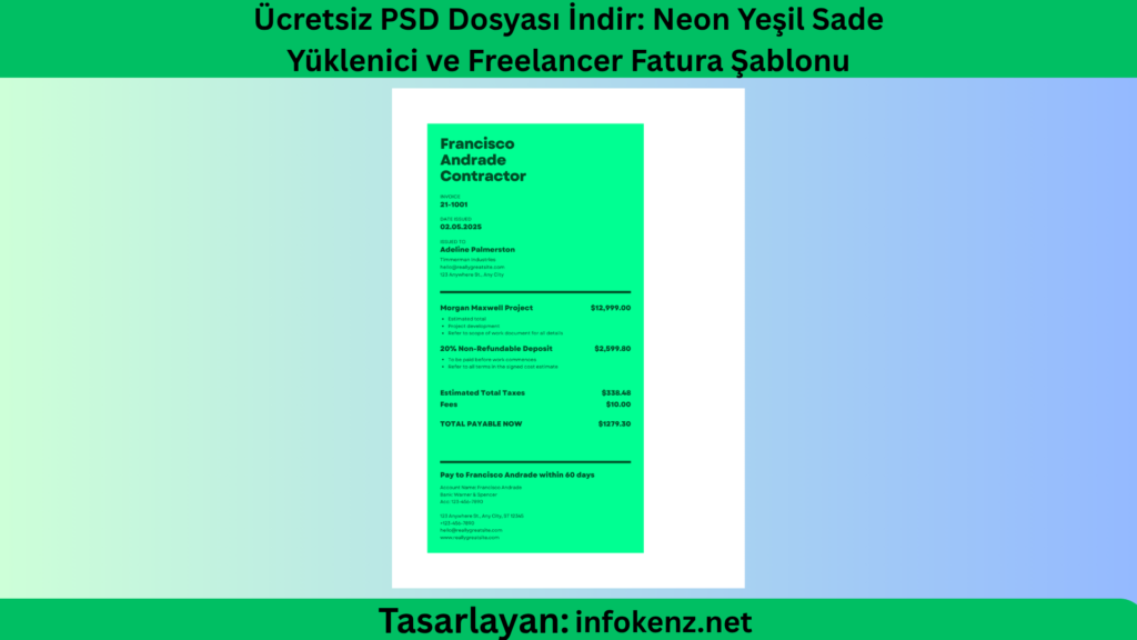 Ücretsiz PSD Dosyası İndir: Neon Yeşil Sade Yüklenici ve Freelancer Fatura Şablonu