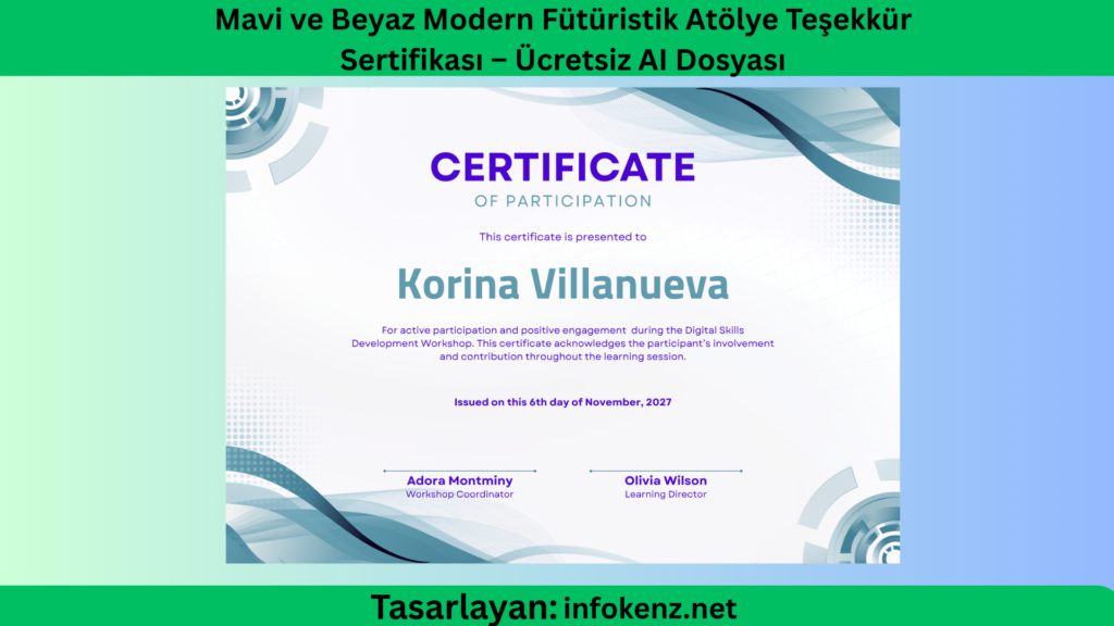 Mavi ve Beyaz Modern Fütüristik Atölye Teşekkür Sertifikası – Ücretsiz AI Dosyası